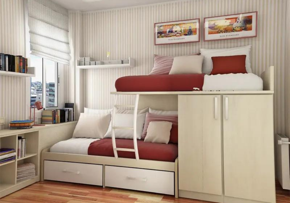 Phòng ngủ với mẫu giường tầng thông minh kết hợp tủ quần áo tiết kiệm diện tích cho trai, gái