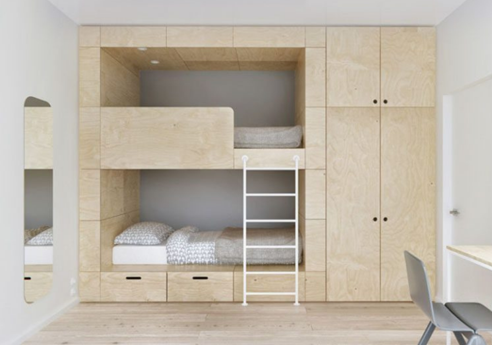 Mẫu phòng ngủ thông minh đẹp kết hợp giường 2 tầng và tủ quần áo