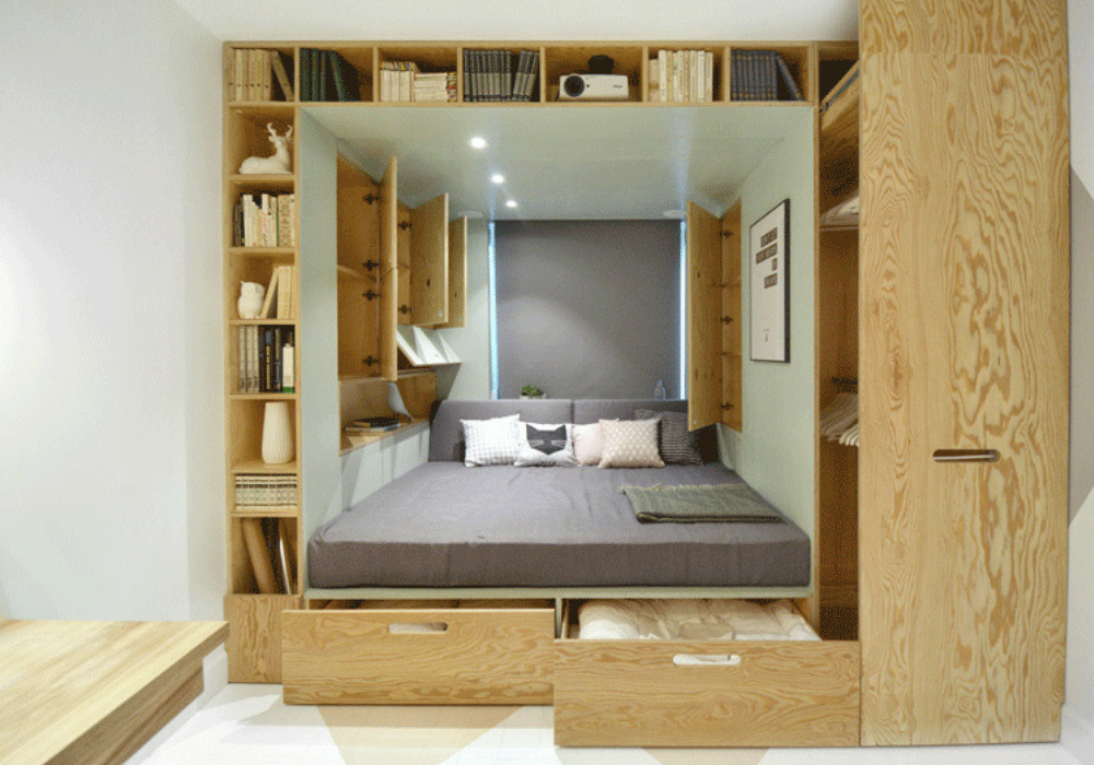 Mẫu phòng ngủ thông minh với giường kết hợp với các loại tủ quần áo, tủ treo đồ và kệ sách cho nhà nhỏ, chung cư