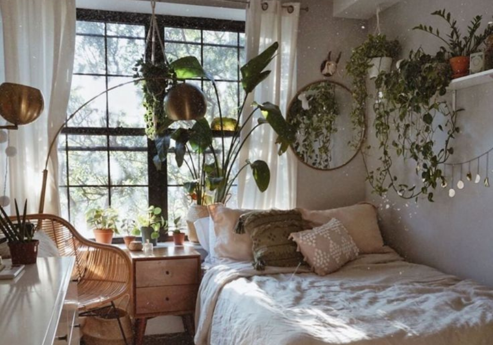 Mẫu phòng ngủ Vintage nhỏ có 10m2 có trang trí thêm cây xanh và thiết kế cửa số lớn đón ánh sáng mặt trời ấm áp