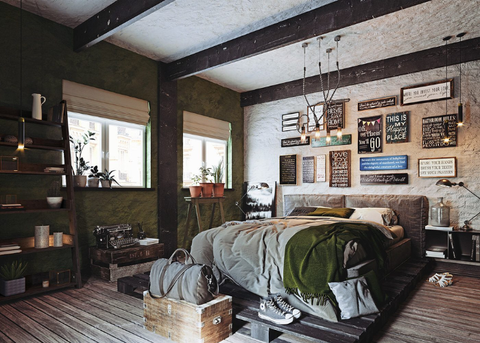 Thiết kế phòng ngủ phong cách vintage với tường và sàn  gỗ mộc mạc
