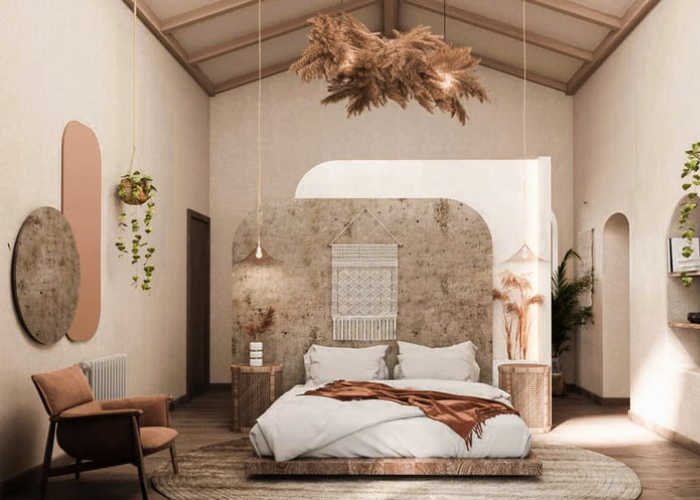 Trang trí phòng ngủ bắt mắt với thảm trang trí tròn lớn có màu sắc tương đồng với nội thất