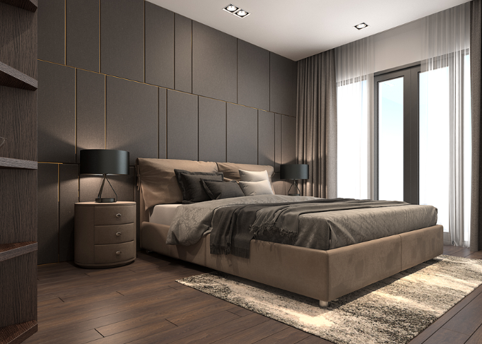 Thiết kế phòng ngủ sang trọng với chiếc thảm màu be sáng tạo điểm nhấn cho không gian