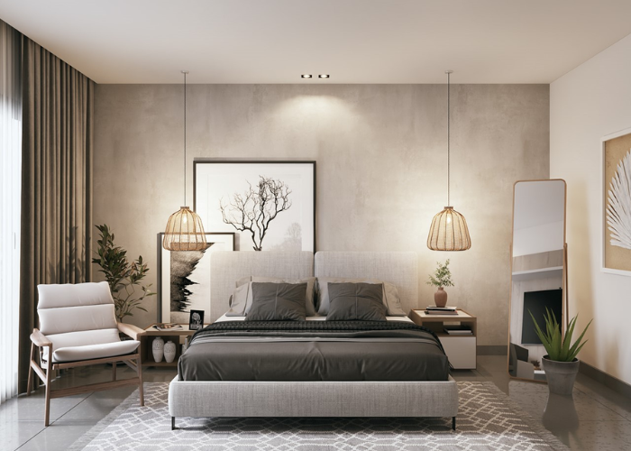 Gam màu xám đậm mạnh mẽ của chiếc giường ngủ mang phong cách hiện đại, tạo sự tương phản và là điểm nhấn cuốn hút cho căn phòng.