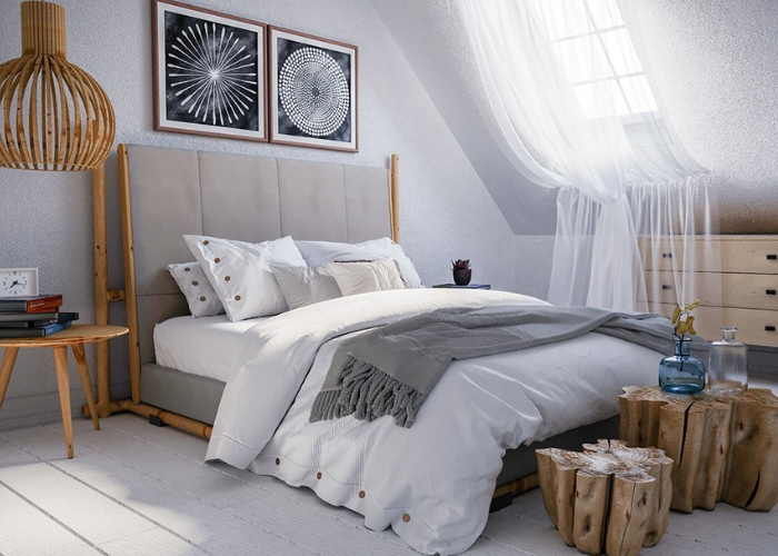 Thiết kế phòng ngủ gác mái phong cách vintage với gam màu trắng chủ đạo