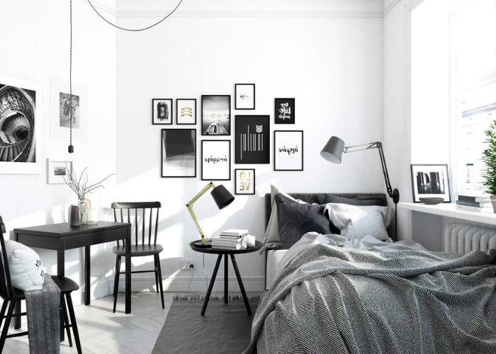 Decor phòng ngủ phong cách Bắc Âu với 2 gam màu đen trắng đơn giản.