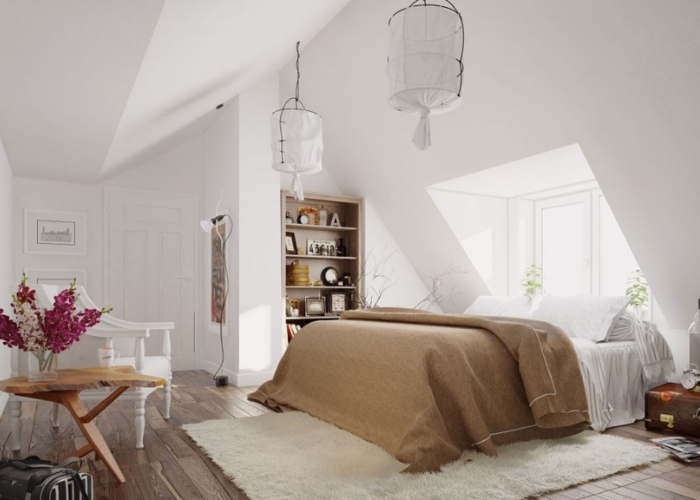 Sự kết hợp màu sắc và cách bày trí nội thất mang lại cho phòng ngủ này một sự hấp dẫn cổ điển và tự nhiên.