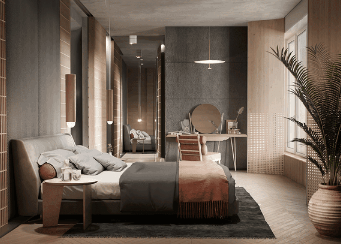 Chất liệu gỗ tự nhiên sáng màu trong phòng ngủ tăng thêm sự ấm cúng cho căn phòng