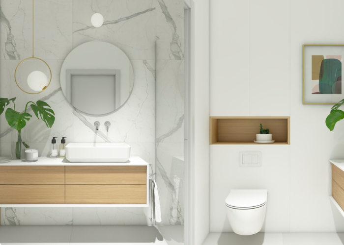 Thiết kế phòng tắm 4m2 tone trắng trang trí thêm cây xanh