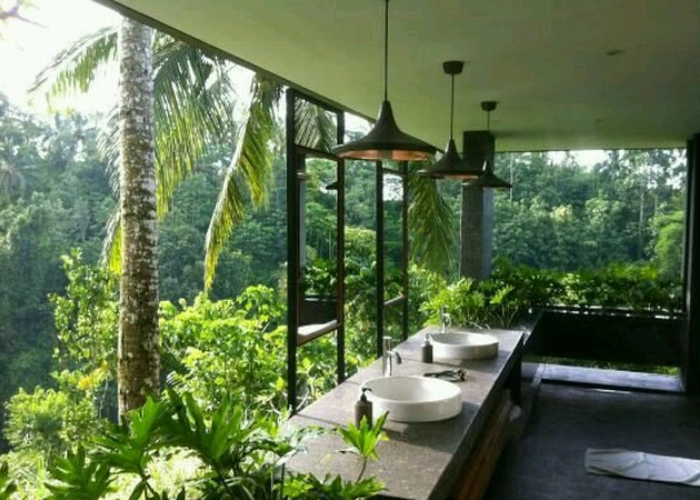 Phòng tắm thiên nhiên với nhiều cây xanh