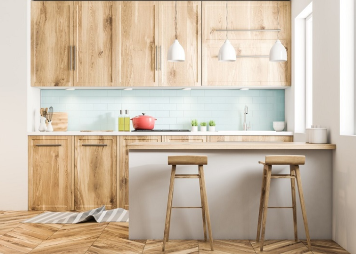Quầy bar ngăn bếp và phòng khách với chất liệu gỗ được sử dụng rộng rãi trong những năm gần đây