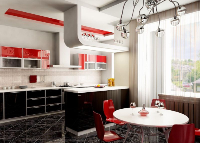 Quầy bar ngăn bếp và phòng ăn đơn giản, tinh tế với sự kết hợp của màu đỏ, trắng và đen được nhiều người lựa chọn