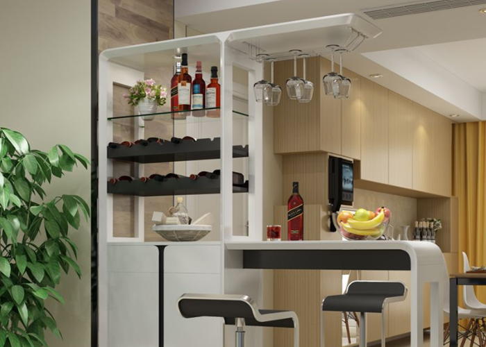 Tủ rượu kết hợp cùng quầy bar ngăn cách không gian phòng ăn và nhà bếp, đem lại sự riêng tư cho cả gia đình khi dùng bữa
