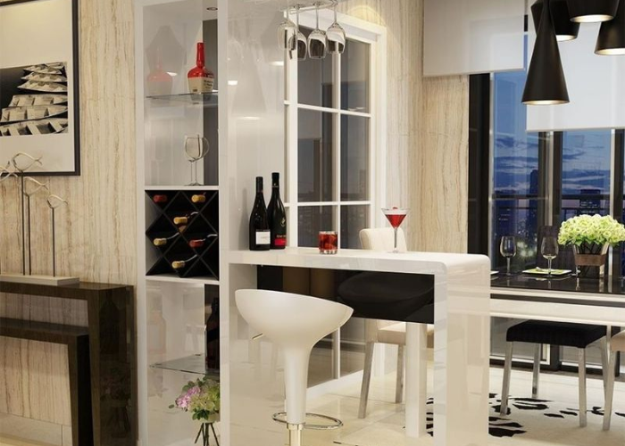Quầy bar kết hợp tủ rượu giúp tạo điểm nhấn cho không gian bếp của gia đình