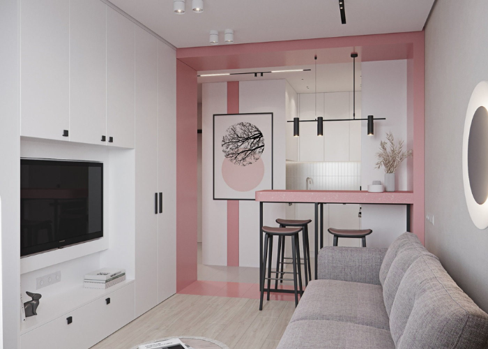 Quầy bar làm vách ngăn màu hồng đầy nữ tính với kích thước nhỏ gọn phù hợp với căn hộ chung cư