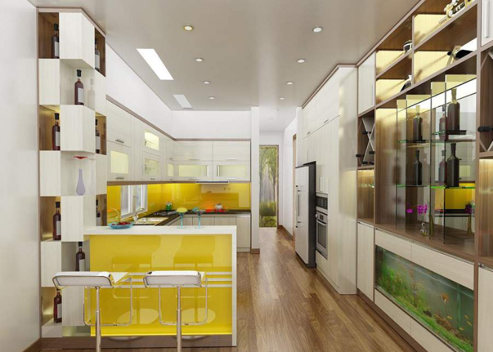 Thiết kế mô phỏng một quầy bar thu nhỏ ngay tại nhà, kết hợp với tủ rượu và không gian bếp hiện đại
