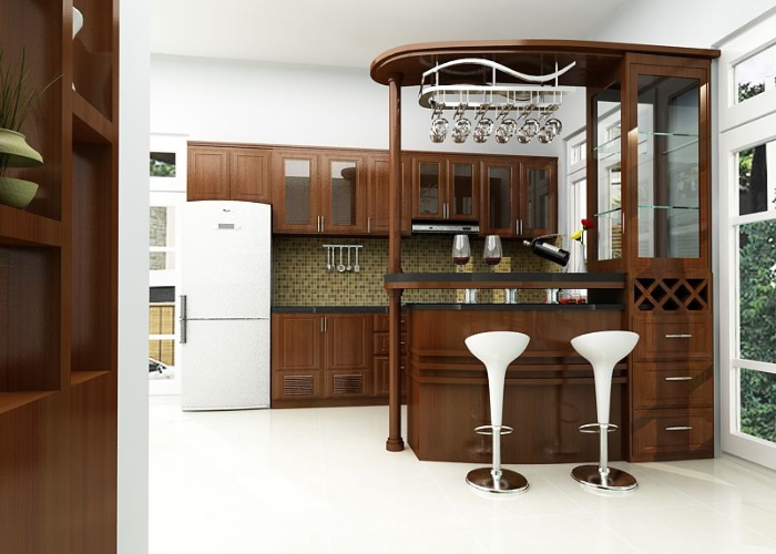 Thiết kế tủ bếp với quầy bar bằng gỗ công nghiệp vừa đẹp vừa sang trọng