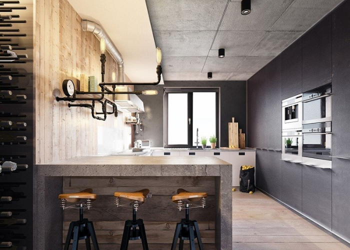 Tủ bếp có quầy bar mini kết hợp cùng tủ rượu màu xi măng phù hợp với gia chủ cá tính