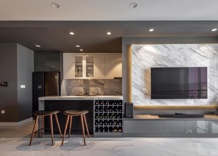 Thiết kế quầy bar ngăn bếp và phòng khách hài hòa với gam màu của tổng thể căn phòng