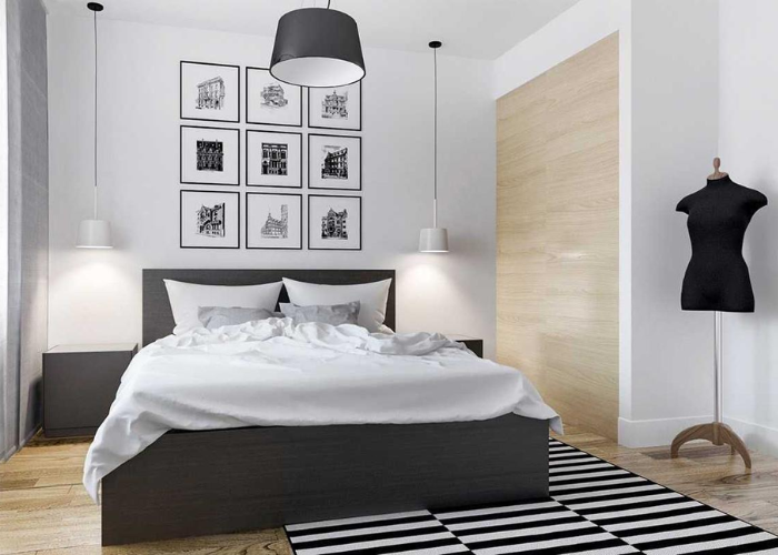 Mẫu thảm trải sàn sọc đen trắng phù hợp với không gian phòng ngủ hiện đại, tinh tế