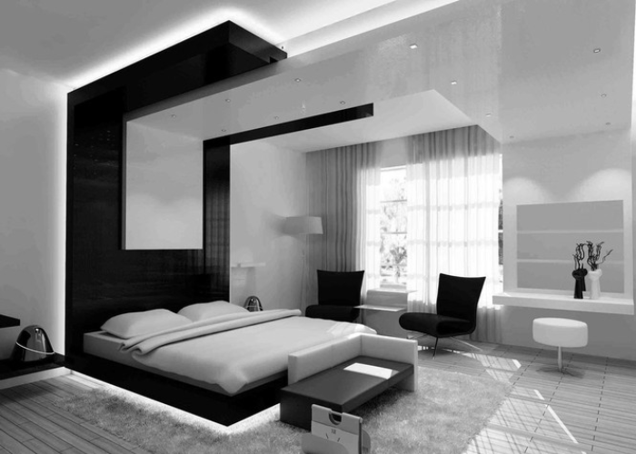 Thiết kế phòng ngủ 15m2 cho nam tone đen - trắng