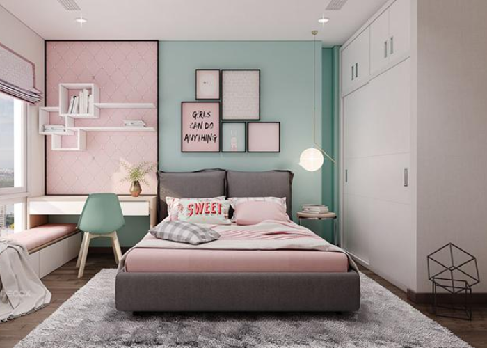 Thiết kế phòng ngủ 15m2 cho bé gái tone màu hồng - xanh