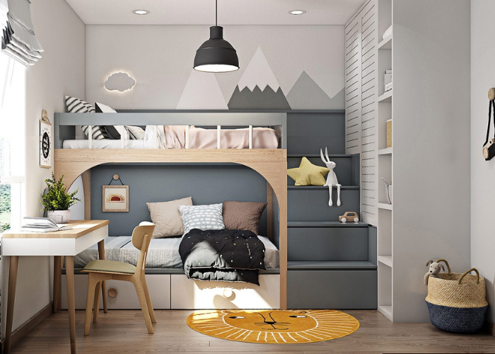 Thiết kế phòng ngủ 15m2 đẹp cho gia đình có 2 bé kiểu giường tầng tạo hình ấn tượng