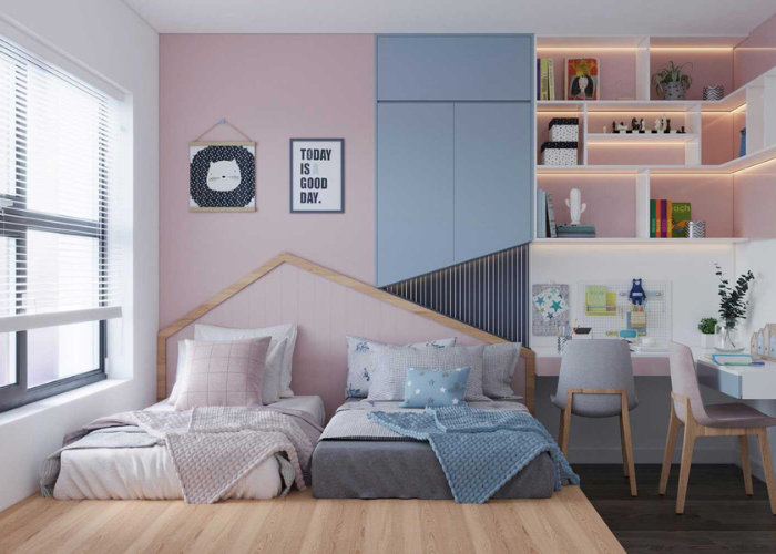 Thiết kế phòng ngủ 15m2 đẹp cho gia đình có 2 bé với sự phối hợp hoàn hảo giữa hai gam màu xanh - hồng