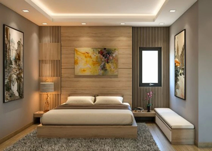 Thiết kế phòng ngủ khép kín 15m2 tone gỗ ấm cúng
