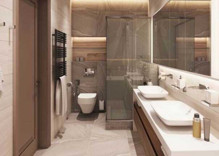 Gam màu nâu gỗ cũng giúp cho không gian phòng tắm 4m2 trở nên sạch sẽ, vừa vặn 