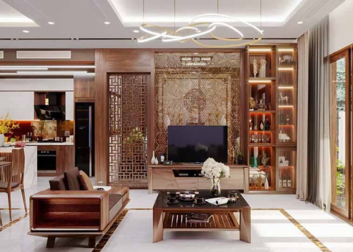 Tủ trang trí trong phòng khách được làm bằng chất liệu gỗ tự nhiên