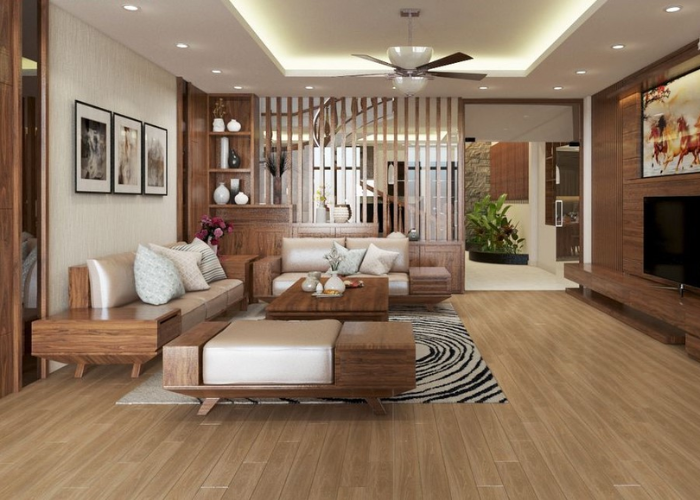 Vách ngăn gỗ kết hợp cùng nội thất gỗ hiện đại tạo không gian sang trọng, ấm cúng