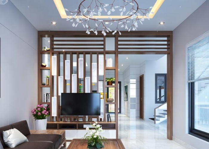Thiết kế vách ngăn phòng khách bằng gỗ giúp khai thác lượng lớn ánh sáng tự nhiên, tạo cảm quan thoáng đãng cho cả gian phòng