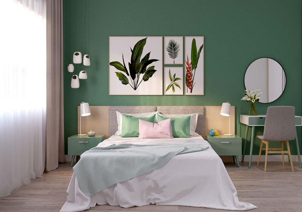 Phòng ngủ màu xanh lá hợp với người mệnh Mộc