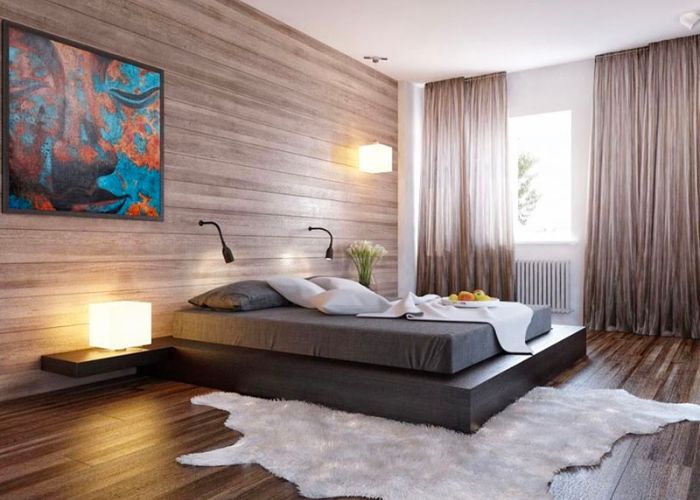 Phòng ngủ master với tông gỗ làm chủ đạo kết hợp hài hòa với nội thất trắng xám