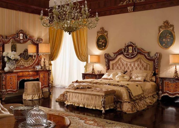 Phòng ngủ master đầy xa hoa với những nội thất cao cấp cùng màu sơn phòng ngủ vàng đồng