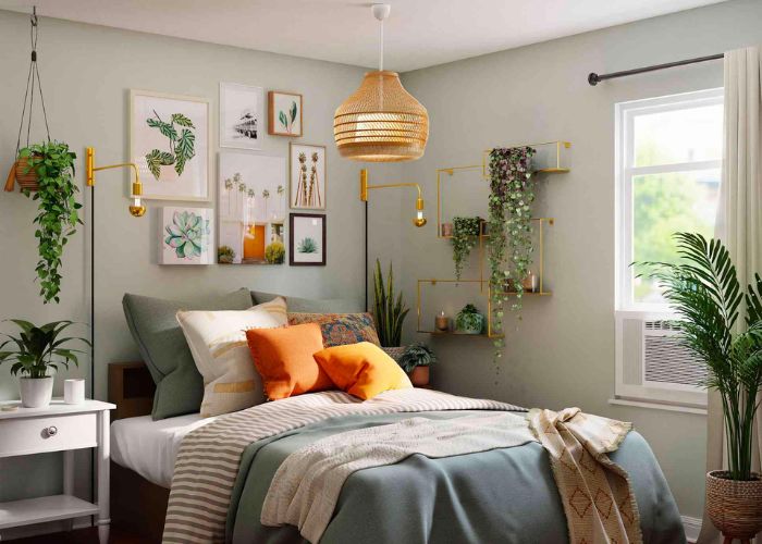 Gợi ý thiết kế phòng ngủ đơn giản, xinh xắn kết hợp nhiều cây xanh trang trí, mang đến cảm giác thư giãn
