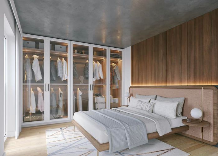 Mẫu thiết kế phòng ngủ master với hệ tủ quần áo mặt kính hiện đại