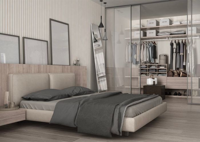 Thiết kế phòng ngủ master đơn giản với tủ quần áo cửa kéo