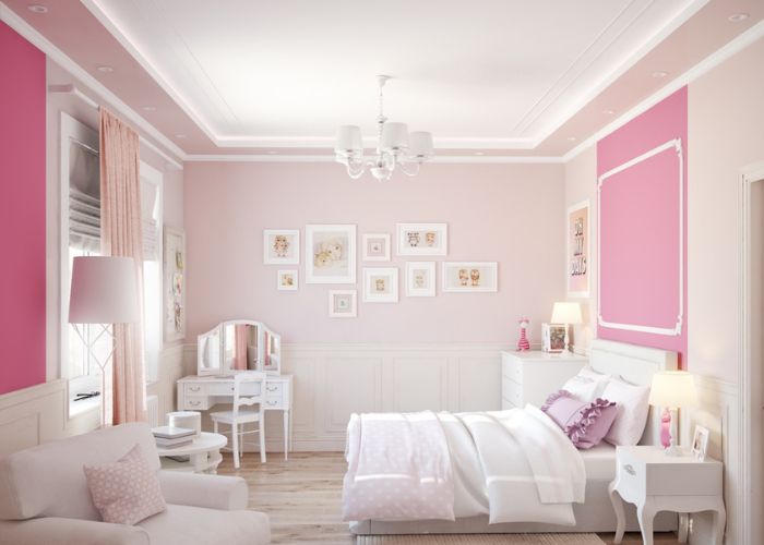 Kết hợp hài hòa giữa màu sơn hồng và nội thất tông trắng trong phòng ngủ