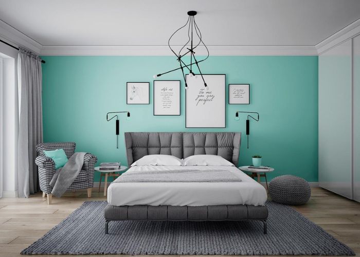 Phòng ngủ ấn tượng với màu sơn xanh ngọc và nội thất đơn giản theo phong cách Scandinavian