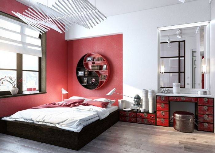 Phòng ngủ mang phong cách cổ điển khi kết hợp 2 màu đỏ đen