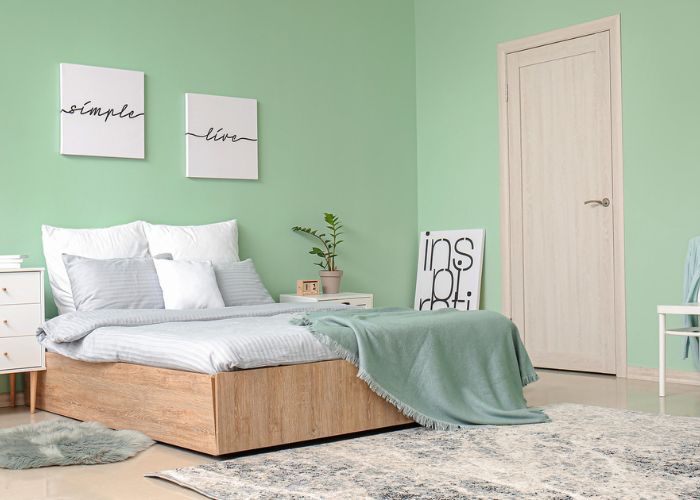 Phong cách trang trí phòng ngủ đơn giản, hiện đại với màu xanh bạc hà và trắng