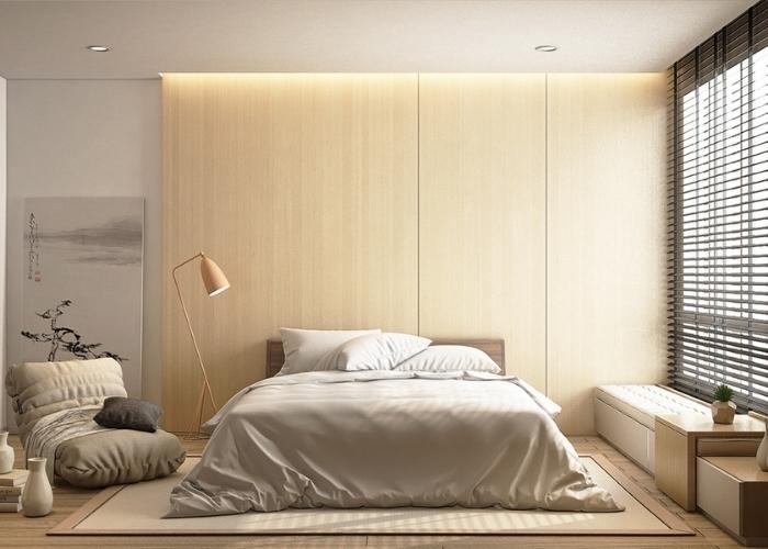 Mẫu phòng ngủ đơn giản theo phong cách Nhật Bản với giường thấp và ghế trải sàn