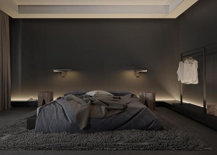 Mẫu phòng ngủ màu đen không giường theo phong cách đơn giản