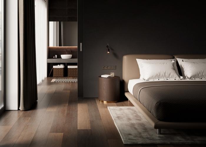 Mẫu phòng ngủ màu đen hiện đại với sàn gỗ nâu tạo nên sự đồng điệu trầm lắng và thanh lịch