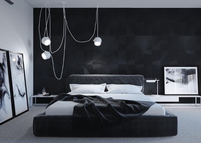 Mẫu phòng ngủ kết hợp màu đen và trắng vô cùng độc lạ, ấn tượng
