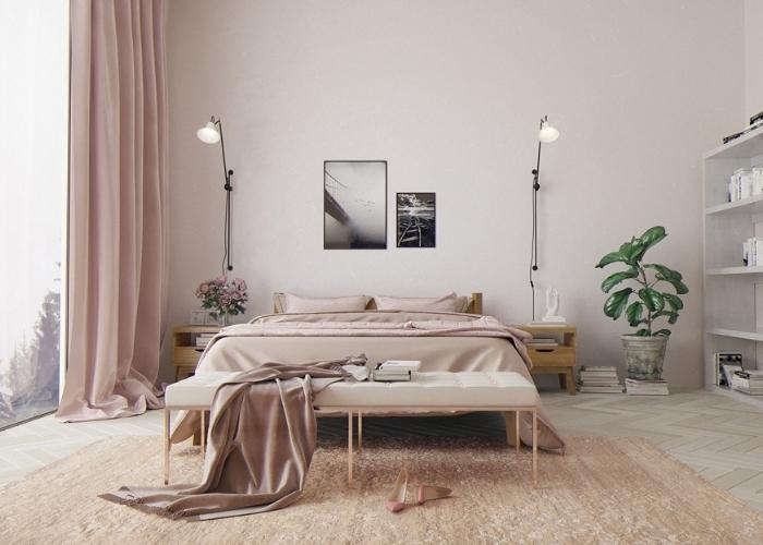 Mẫu phòng ngủ màu hồng pastel theo phong cách vintage, đơn giản với nội thất gỗ công nghiệp