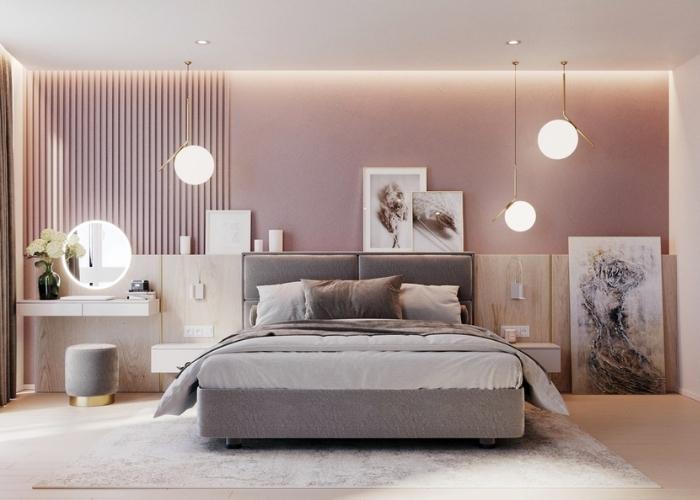 Mẫu phòng ngủ màu hồng phối màu nâu với phong cách hiện đại