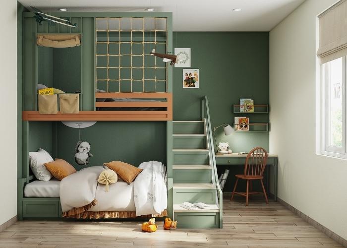 Mẫu phòng ngủ màu xanh lá giường tầng cho trẻ nhỏ cho nhà nhỏ, chung cư